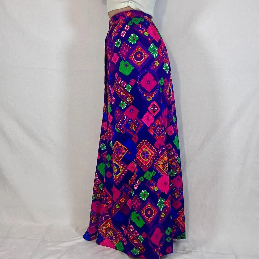 Vintage 1960s Tear Away Skirt Psychedelic Floral Print Purple Pink Green Neon
